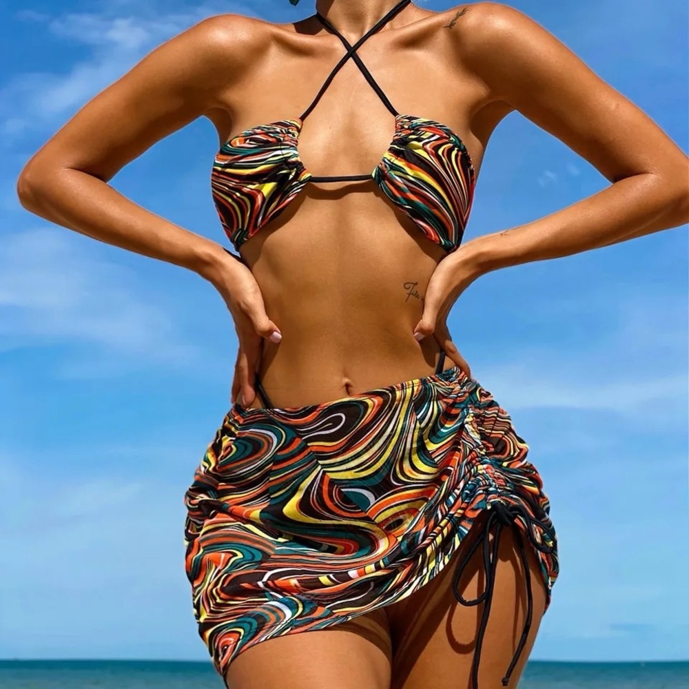 Multicolor Swirl Halter Strappy Bikini Set with Ruched Coverup Skirt
